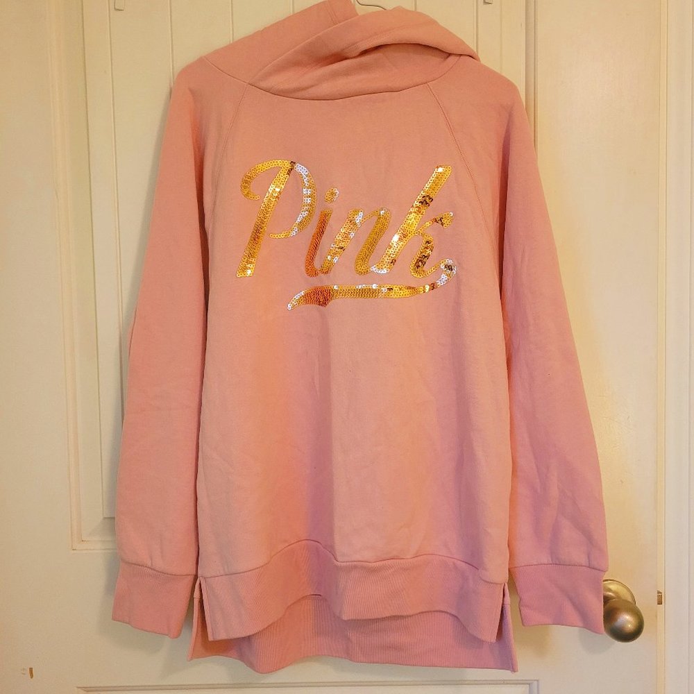 PINK by VICTORIA'S SECRET Light Pink Pullover Hoodie with Gold Sequins